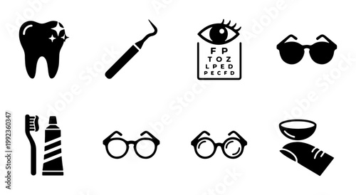 Medical and healthcare icon set, dental care and optometry symbols, black solid vector graphics for dentistry and eye health services