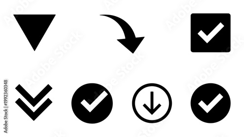 Minimalist black arrow and checkmark icon set, flat vector navigation symbols, simple interface buttons for web and app design