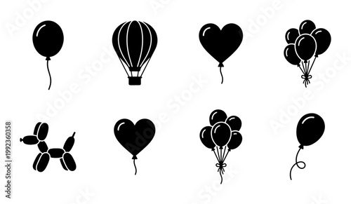 Black balloon icon set with 8 vector elements, party balloon silhouettes and hot air balloon symbols, heart and animal balloon shapes for celebration