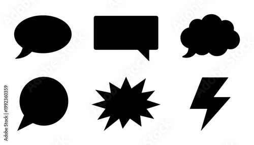 Minimalist black speech bubble icons set, comic book chat clouds and thought balloons, 6 vector communication symbols for web and mobile apps