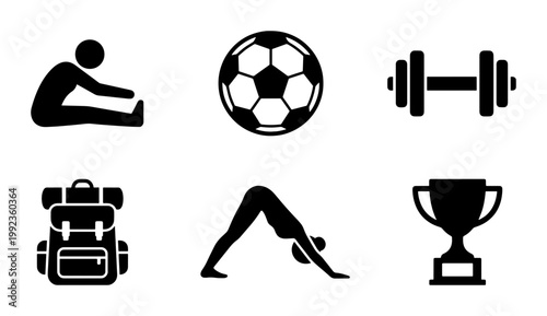 Minimalist sports icon set with 6 black vector symbols, fitness and athletic equipment silhouettes, soccer ball and gym trophy icons for mobile apps