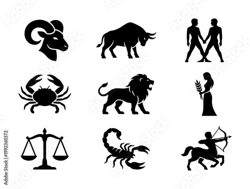 Zodiac signs black silhouette icons set, astrology horoscope symbols collection, mystical celestial vector illustrations for esoteric branding