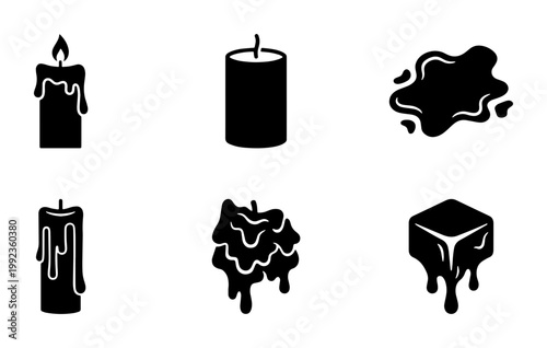 Minimalist candle icon set, black wax melting silhouettes, 6 vector elements including dripping candles and liquid wax puddles for spa and decor design