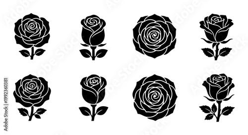 Black rose silhouette icons, set of 8 floral vector elements, elegant rose flower blossom graphics, minimalist botanical garden plant symbols