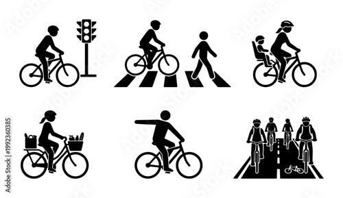 Bicycle safety icon set, black silhouette cyclist pictograms, urban cycling rules and road safety symbols for city transportation infographics