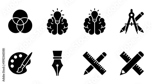 Creative design process icons set, graphic designer tools and brainstorming symbols, 8 black solid vector elements for branding and art projects