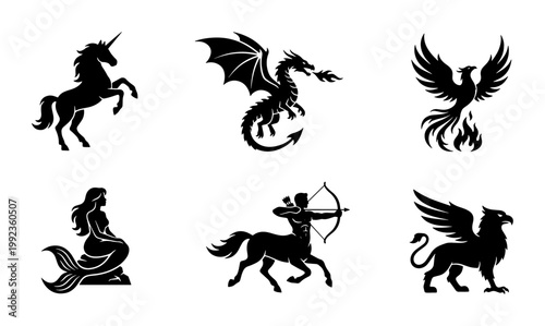Mythical creatures silhouette set, 6 fantasy beast icons including dragon and unicorn, black heraldic monsters and legendary animals vector collection