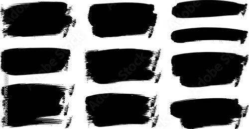 Set of black ink brush stroke banners and shapes isolated on white background for professional graphic design