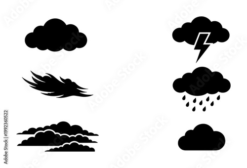 Black weather icon set with clouds and storm elements, minimalist meteorology vector symbols, flat silhouette cloud icons for forecast apps