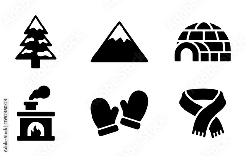 Winter season icon set, black solid vector symbols of pine tree, mountain, igloo, fireplace, mittens and scarf, 6 minimalist cold weather elements