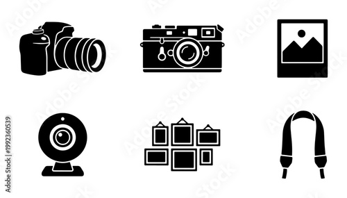 Photography icon set with digital SLR camera, vintage film camera and webcam. Professional photo equipment vector icons, gallery frames and camera strap.