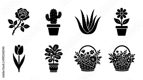 Minimalist black flower icons set, botanical plant silhouettes in pots and baskets, 8 floral vector elements for gardening and florist branding