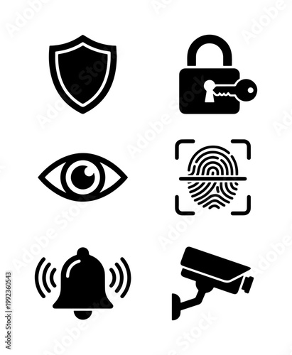 Cyber security and home safety icon set, 6 black vector symbols for data protection, surveillance camera and biometric fingerprint scanning icons