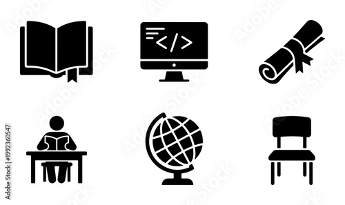 Education and online learning solid icon set, 6 black vector symbols for school and university, digital study and academic research graphics