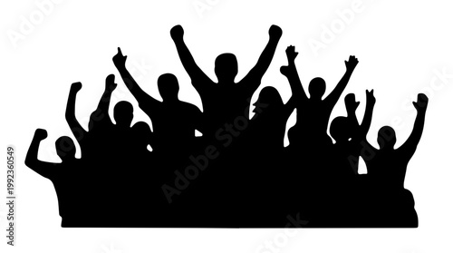 Cheering crowd silhouette, excited people group with raised hands, black vector audience at concert or sports event, celebratory fans