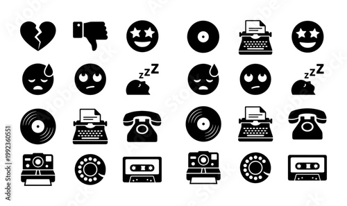 Retro black icons set, vintage technology and emoji collection, 24 solid vector symbols including typewriter, cassette tape, and camera