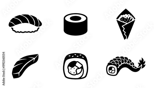Japanese sushi icon set, black and white vector illustrations of nigiri and maki rolls, 6 minimalist seafood restaurant menu elements