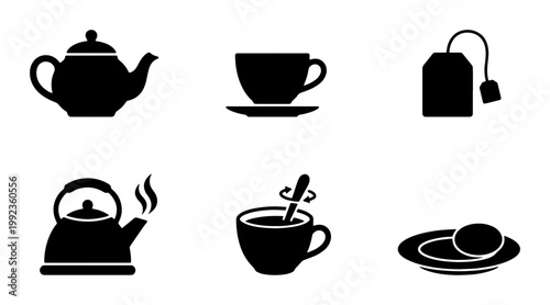 Minimalist tea icon set, black silhouette teapot and teacup vector collection, 6 beverage brewing elements for cafe menu design and kitchen branding