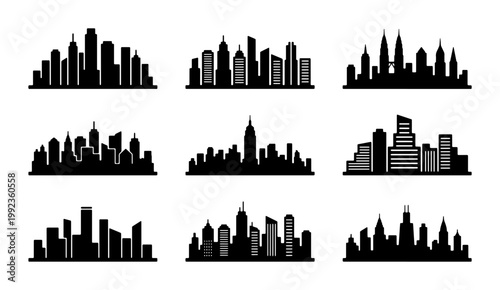 Modern city skyline silhouette set, black urban skyscraper landscape icons, 9 vector metropolis building panoramas for architectural design