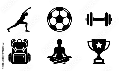 Minimalist sports and fitness icon set, black silhouette gym and wellness symbols, collection of 6 vector icons for athletic lifestyle and competition
