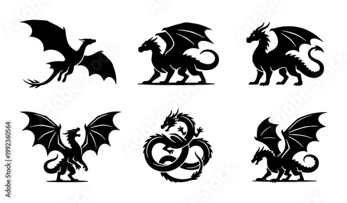Mythical dragon silhouettes set, 6 black fantasy creature icons, flying and standing winged dragon vector illustrations for gaming and logo design