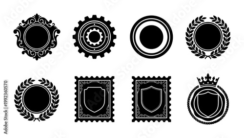 Vintage heraldic badge collection, 8 black silhouette seal icons, ornate frame and laurel wreath vector set, classic shield and crown emblems