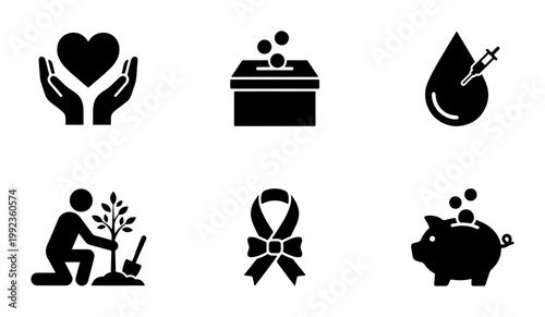 Charity and donation icon set, 6 black solid vector symbols for non-profit organizations, community support and philanthropy graphic elements