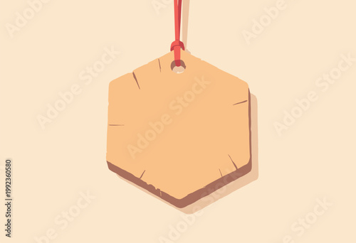 minimalist flat Ema wooden wishing plaque hanging red string pentagonal wooden plaque is completely blank, showing only flat, subtle wood grain lines Concept hopes dreams No text