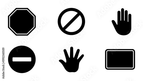 Black stop sign icons and warning symbols set, flat vector hand gestures for prohibition, safety alert and restricted access UI elements