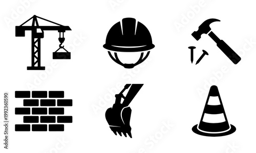 Construction icon set with 6 black vector elements, industrial building equipment symbols, heavy machinery and contractor tools for civil engineering projects