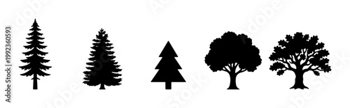 Black tree silhouettes set, collection of 5 forest tree icons, minimalist pine and oak tree vector shapes, nature landscape design elements