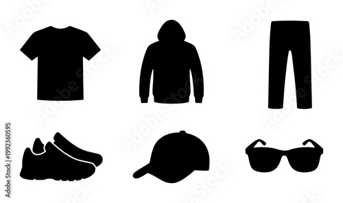 Minimalist clothing icons set, black apparel silhouettes vector, casual fashion outfit elements including hoodie t-shirt pants and sneakers