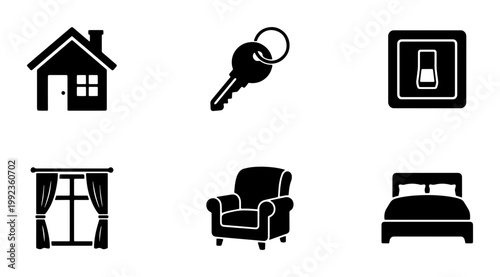 Real estate and home interior icon set, 6 black solid vector symbols for house rental, residential property furniture and apartment living elements