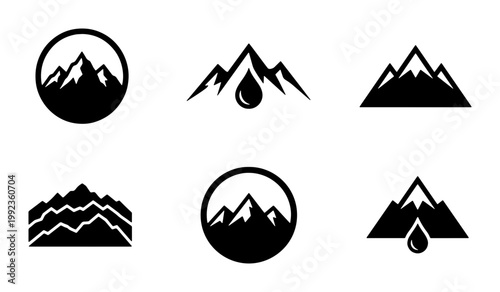 Minimalist mountain logo icons, black and white peak silhouettes, set of 6 vector mountain symbols for outdoor branding and adventure identity