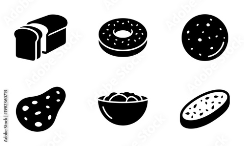 Bakery and carbohydrate food icons set, 6 black solid vector symbols of bread, donut, cookie, potato, cereal bowl and grain, minimalist food graphics