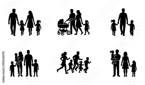 Family silhouette vector set, black icons of parents and children walking and running, collection of 6 family groups with baby stroller and kids