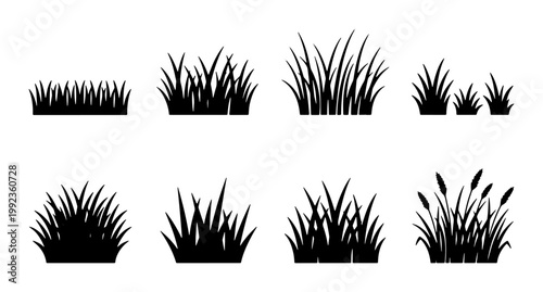 Black grass silhouette collection, 8 vector garden plant icons, wild meadow tufts and lawn borders, botanical reed and cattail elements for landscape design