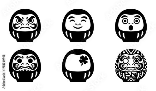 Japanese Daruma doll vector icons, traditional black and white Zen mascot set, 6 minimalist Buddhist lucky charm illustrations for branding