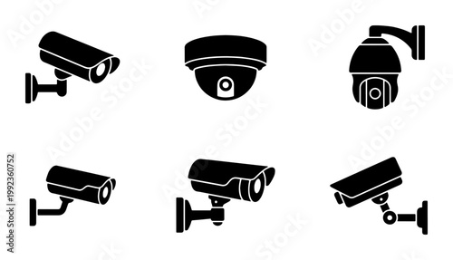 Security camera icon set with 6 black vector silhouettes, CCTV surveillance system symbols, professional monitoring and protection equipment graphics