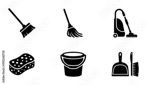 Cleaning service icon set with 6 black vector elements, professional housekeeping equipment icons, vacuum cleaner and broom symbols for janitorial services