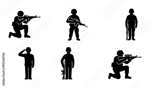 Military soldier silhouette set, army infantry figures with rifles and sniper gear, 6 black vector icons of armed forces personnel in combat poses