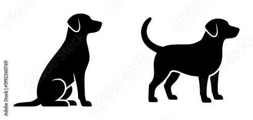 Black labrador retriever silhouettes, set of 2 vector dog icons in sitting and standing poses, minimalist pet animal profile graphics for logos
