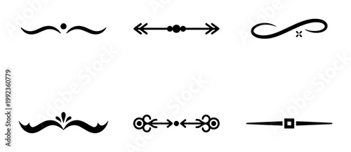 Vintage decorative dividers set, elegant black calligraphic flourishes, ornamental line borders for wedding invitations and luxury branding