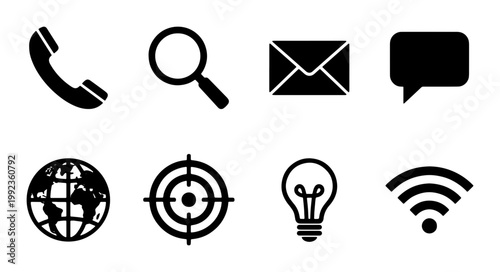 Minimalist black contact icons set, 8 flat communication vector symbols, business web interface elements for website and app design