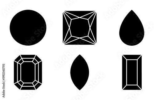 Black gemstone silhouette icons, set of 6 diamond cut shapes, minimalist jewelry design elements, flat vector precious stone symbols for branding