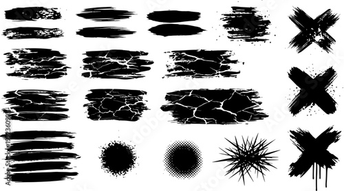 Mixed collection of grunge brush strokes and cross marks with crackle texture isolated on white for design assets