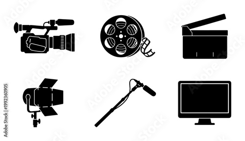 Professional filmmaking equipment icons set, black silhouette movie production tools, cinema camera and film reel vector collection