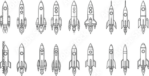 Space rocket ship launch outline icon set with various designs in black and white line art style on white background