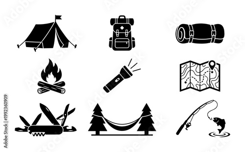 Camping icons set with 9 outdoor adventure elements, black silhouette camping gear vectors, hiking equipment and wilderness survival symbols