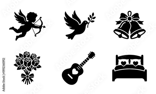 Wedding and romance silhouette icons set, black cupid and dove symbols, floral bouquet and wedding bells vector, romantic love elements for marriage